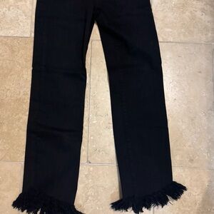 FRAME Le High Straight Shredded Raw Hem in Film Noir